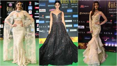 Celebrities on the IIFA Awards green carpet. Left to right: Deepika Padukone in 2016, Alia Bhatt in 2017 and Kriti Sanon in 2018. AFP