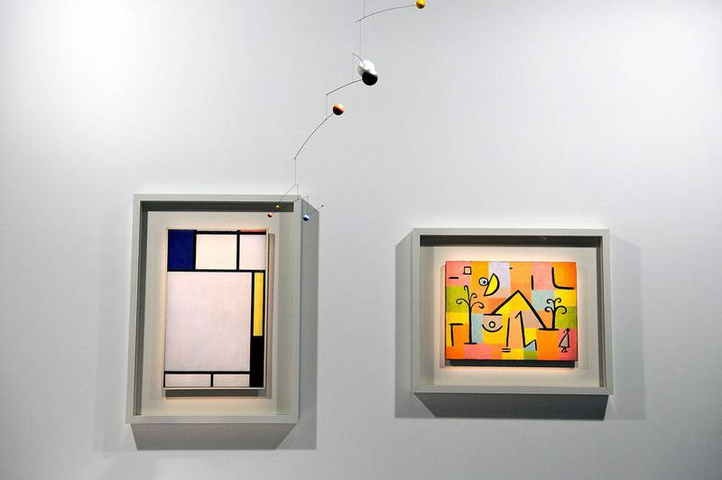 Arrangements by Piet Mondrian and a mobile by Alexander Calder on display at the Louvre Museum in Paris for Birth of a Museum. Antoine Antoniol for The National