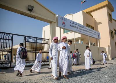 Ajman, UAE, April 16, 2017.  Students entering and leaving the Manar Al Iman Charity Private School.  The school enrolled 800 Syrian boys age 5 to 16.
Victor Besa for The National
ID: 19828
Reporter:  Nawal Al Ramahi
National *** Local Caption ***  VB_041617_na-charity school-1.jpg