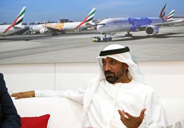 Emirates and Flydubai chairman Sheikh Ahmed bin Saeed Al Maktoum speaks to reporters at the Arabian Travel Market in Dubai. Reuters