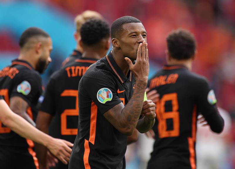 Georginio Wijnaldum of the Netherlands celebrates after scoring his team's second goal during the Euro 2020 match against North Macedonia in Amsterdam, on Monday, June 21. EPA