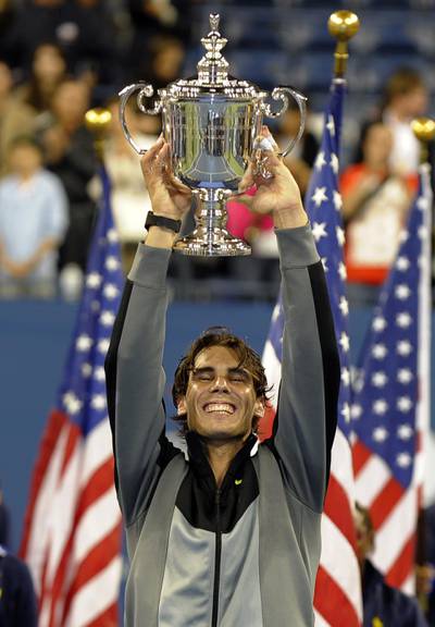 Rafael Nadal from Spain celebrates after winning against Novak Djokovic from Serbia in the Men's Singles Final at  US Open 2010 match at the USTA Billie Jean King National Tennis Center in New York September 13, 2010.        AFP PHOTO / TIMOTHY A. CLARY (Photo by TIMOTHY A. CLARY / AFP)
