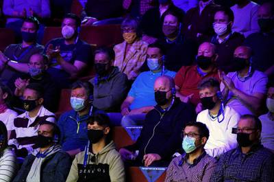 Snooker fans watch a Covid-19 awareness programme before attending the Betfred World Snooker Championships 2021, at Crucible Theatre in Sheffield, England. Getty Images