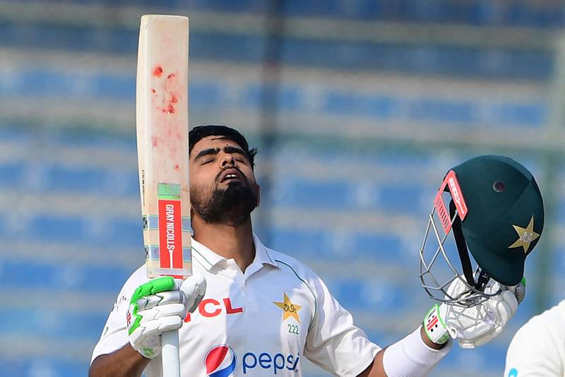 Pakistan captain Babar Azam after reaching his century during the first day of the Test match against New Zealand at the National Stadium in Karachi. AFP
