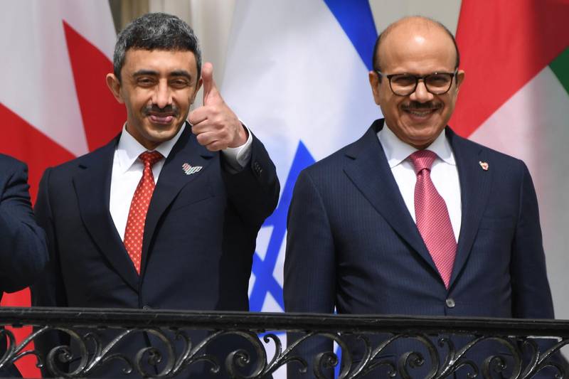 Sheikh Abdullah and Mr Al Zayani shortly before participating in the signing of the Abraham Accord. AFP