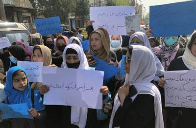Afghan women protest in Kabul. The lives of Afghan women and girls are being destroyed by the Taliban’s crackdown on their human rights, Amnesty has said. AP