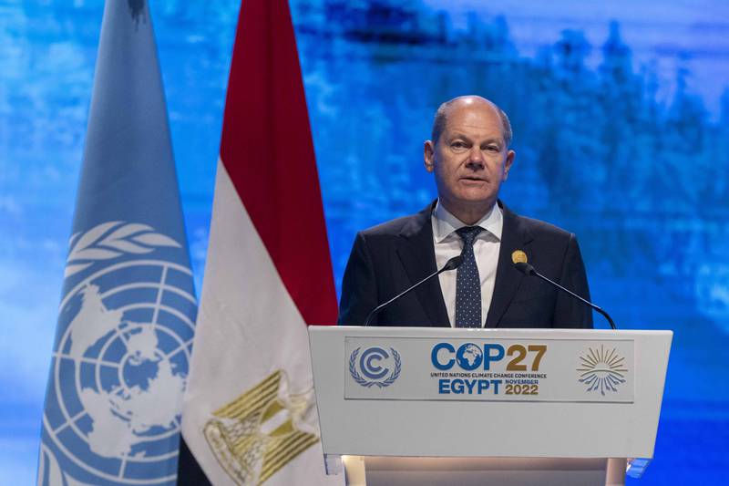 German Chancellor Olaf Scholz delivers a speech during the Cop27 summit. AP