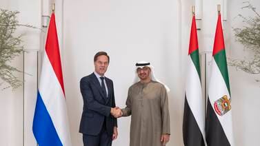 ABU DHABI, UNITED ARAB EMIRATES - September 26, 2023: HH Sheikh Mohamed bin Zayed Al Nahyan, President of the United Arab Emirates (R), stands for a photograph with HE Mark Rutte, Prime Minister of the Netherlands (L), prior to a meeting, at Al Shati Palace.

( Mohamed Al Hammadi / UAE Presidential Court )
---