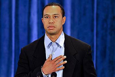 Tiger Woods makes his statement at the Sawgrass Players Club, Florida, on Friday.