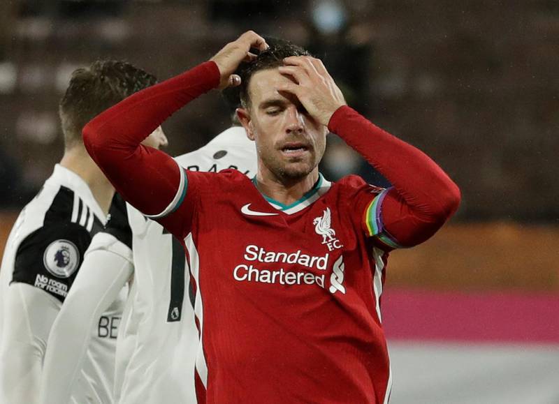 Liverpool's Jordan Henderson reacts on Sunday. Reuters
