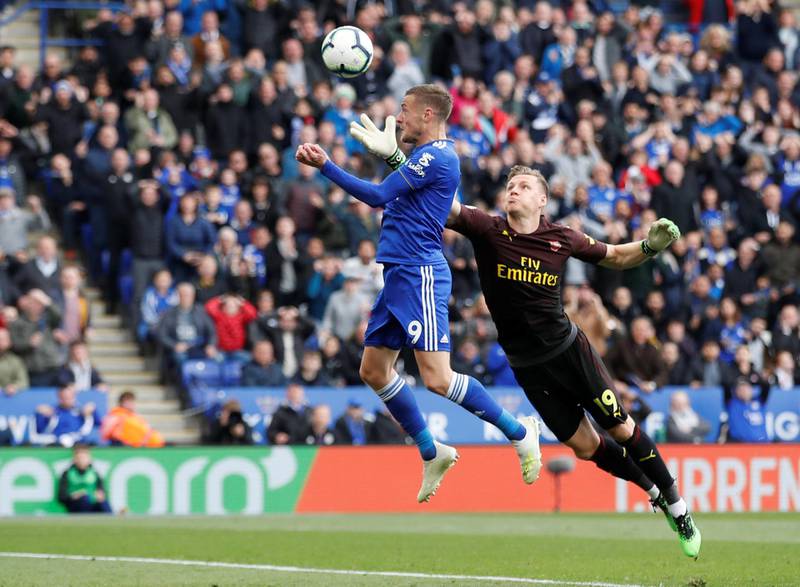 Soccer Football - Premier League - Leicester City v Arsenal - King Power Stadium, Leicester, Britain - April 28, 2019  Leicester City's Jamie Vardy scores their second goal         Action Images via Reuters/Carl Recine  EDITORIAL USE ONLY. No use with unauthorized audio, video, data, fixture lists, club/league logos or "live" services. Online in-match use limited to 75 images, no video emulation. No use in betting, games or single club/league/player publications.  Please contact your account representative for further details.