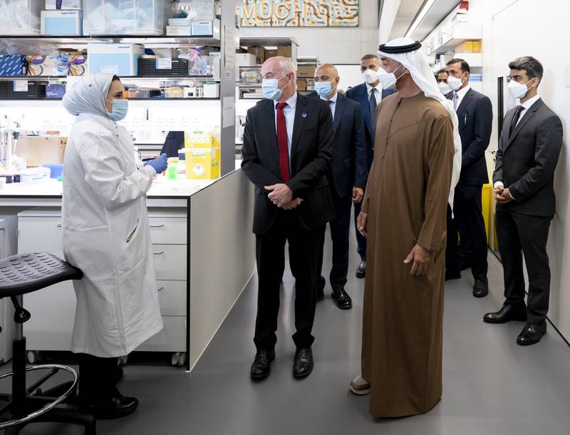 Sheikh Mohamed bin Zayed, Crown Prince of Abu Dhabi and Deputy Supreme Commander of the Armed Forces, and Sheikh Hamdan bin Mohamed bin Zayed visit the Zayed Centre for Research into Rare Disease in Children at Great Ormond Street Hospital in London on September 17, 2021. All photos: Ministry of Presidential Affairs