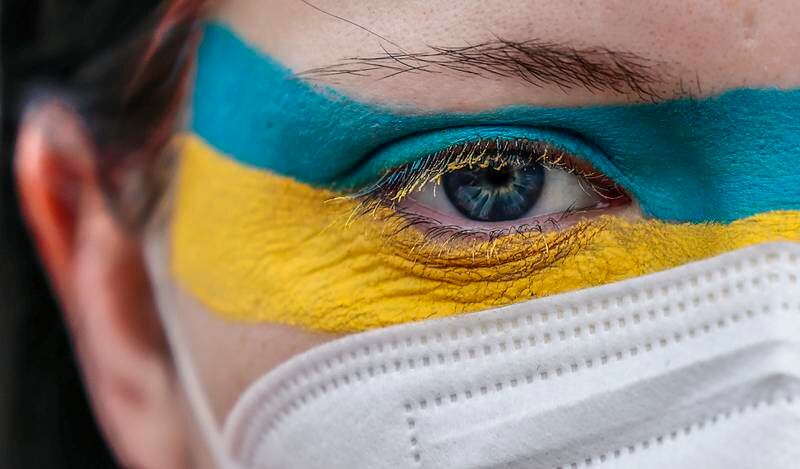 A protester in support of Ukraine, in Berlin, Germany, in February 2022. Getty Images
