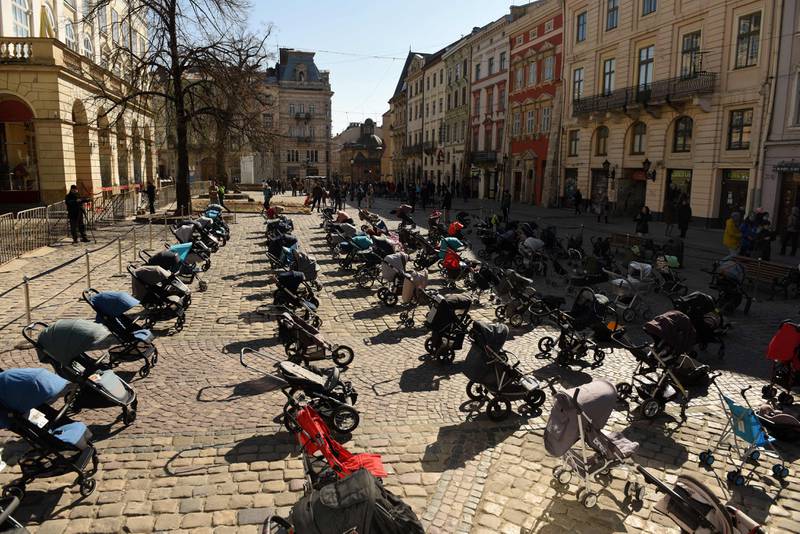 Empty strollers are seen outside the Lviv city council building during an action to highlight the number of children killed during the Russian invasion of Ukraine. AFP