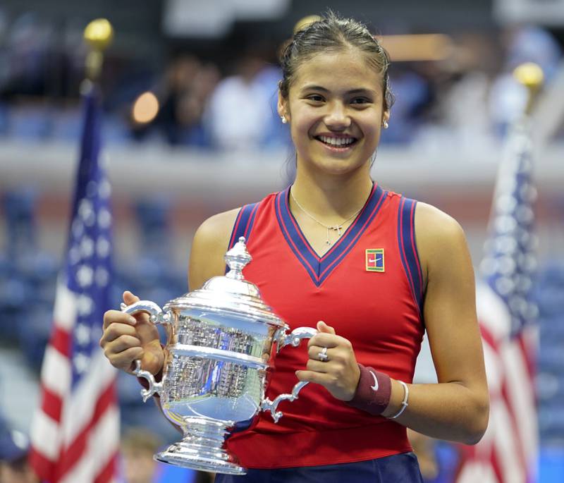 Great Britain’s Emma Raducanu holds her trophy on Saturday after winning the women’s singles final on day 12 of the US Open at the USTA Billie Jean King National Tennis Centre, Flushing Meadows, New York. Photo: PA