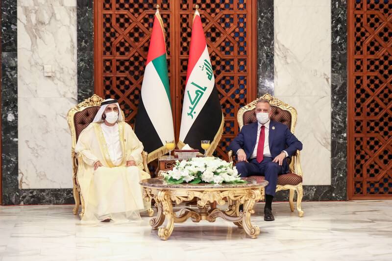 Sheikh Mohammed with Prime Minister Al Kadhimi at the summit in Baghdad. Wam