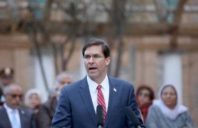 US Secretary of Defence Mark Esper attends a joint press conference with Afghan President Ghani and NATO Secretary General Stoltenberg on the declaration of a peace deal to be signed between the US and the Taliban, at the presidential palace in Kabul, Afghanistan. EPA