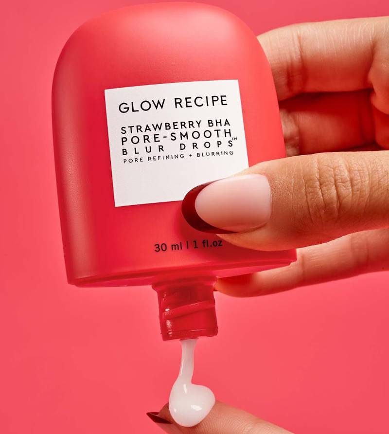 Glow Recipe Strawberry BHA Pore-Smooth Blur Drops. This treatment refines pores and balances oil for a natural, soft-focus satin finish; Dh124 at sephora.ae. Photo: Glow Recipe