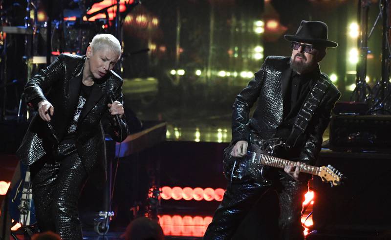 Annie Lennox and Dave Stewart of Eurythmics perform on stage. AFP