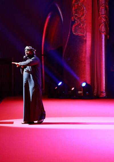 Ali Al Saeed, from UAE, performs at The United Nations Comedy at Emirates Palace. (Irene García León for The National)