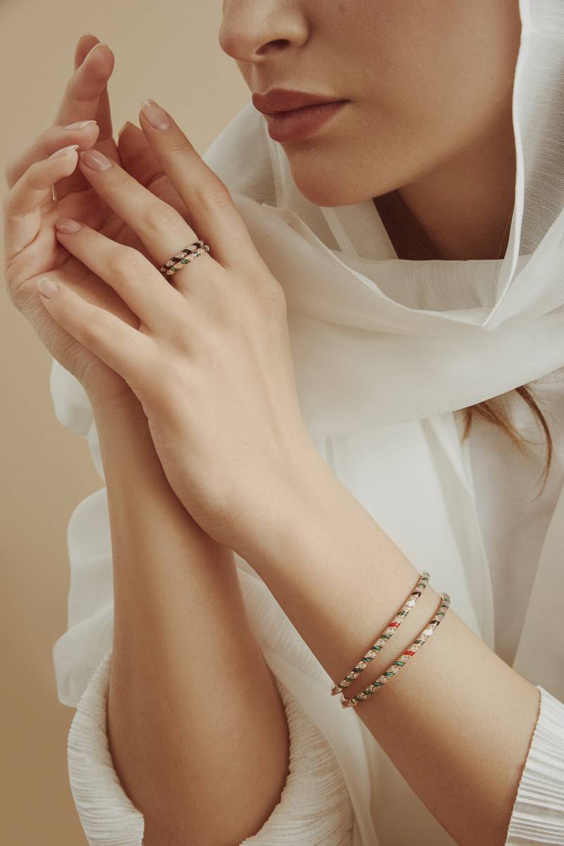 Al Fardan Jewellery has teamed with Terzihan to create a set of bangles in the national colours., and limited to just 50 pieces. Courtesy Al Fardan Jewellery