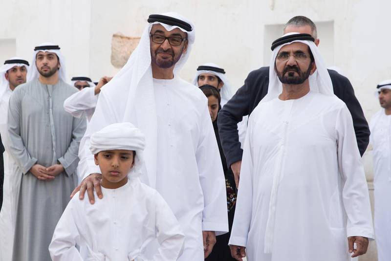 Sheikh Mohammed bin Zayed, Crown Prince of Abu Dhabi, centre, Sheikh Mohammed bin Rashid, Vice President and Ruler of Dubai, right, and Sheikh Zayed bin Mohammed bin Hamed bin Tahnoon Al Nahyan, left, at Qasr Al Hosn. Silvia Razgova / Crown Prince Court - Abu Dhabi