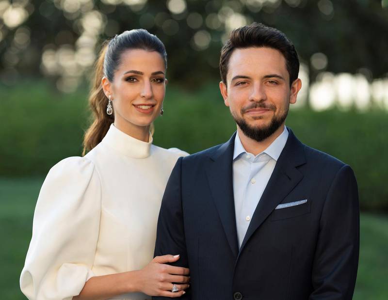 The official portrait for the engagement of Crown Prince Al Hussein bin Abdullah II and Rajwa Khaled Alseif. Photo RHCJO, Instagram