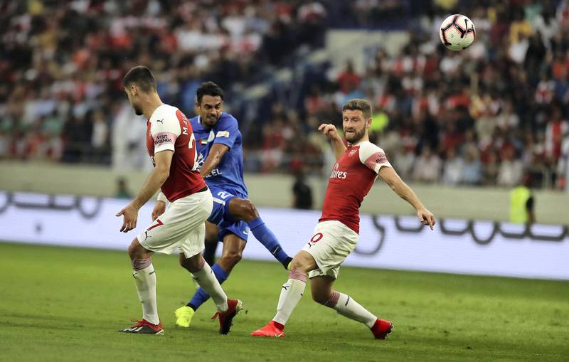 DUBAI , UNITED ARAB EMIRATES , March 26 – 2019 :- JR. Dutra ( no 23 in blue ) of Al Nasr club in action during the football match between Arsenal vs Al Nasr club held at Al Maktoum stadium in Dubai. Arsenal won the match by 3-2.  ( Pawan Singh / The National ) For Sports. Story by Amith