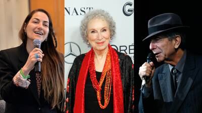 Sessions featuring authors Ibtisam Barakat, left, and Margaret Atwood, centre, and the work of late singer Leonard Cohen will feature in the 2021 Frankfurt International Book Fair. Photos: Michael J Cooney, Reuters