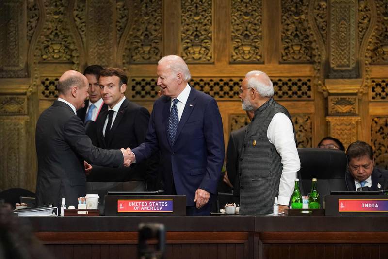 From left, German Chancellor Olaf Scholz, Mr Macron, Mr Biden and Mr Modi in Bali. AFP