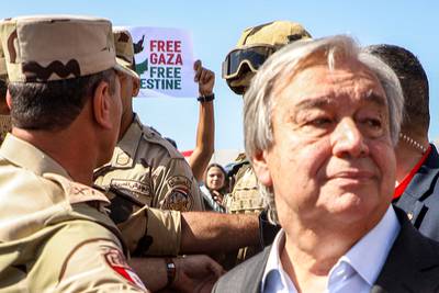 UN Secretary General Antonio Guterres visited the Egyptian side of the Rafah border crossing to the Gaza Strip on Friday. AFP