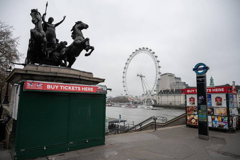 Tourist stalls remain closed on Westminster Bridge in London, England. As the COVID-19 coronavirus pandemic continues to escalate, London's streets have grown quieter as more people are encouraged to work from home and respect "social distancing" in a bid to slow the spread of the virus. Getty Images