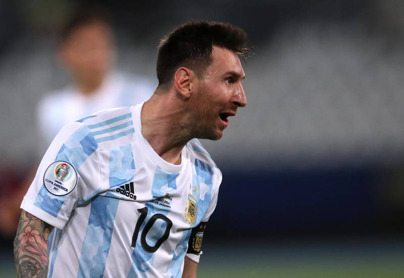 Argentina's Lionel Messi celebrates scoring their first goal against Chile at the Estadio Nilton Santos, Rio de Janeiro. Reuters