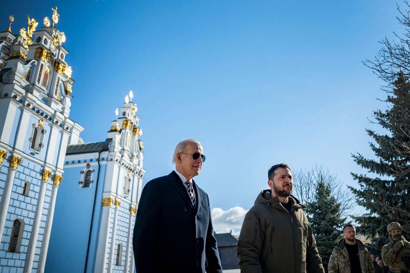 US President Joe Biden and Ukrainian President Volodymyr Zelenskyy in front of St Michael’s Golden-Domed Cathedral in Kyiv in February. AFP