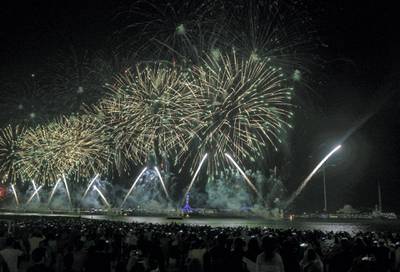 Abu Dhabi, United Arab Emirates - The massive colourful display of fireworks to ring in 2019 at the Corniche on December 31, 2018. Khushnum Bhandari for The National


