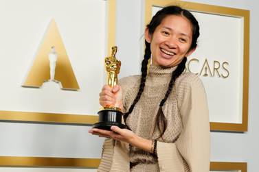 Chinese Director/Producer Chloe Zhao, winner of the award for Picture for "Nomadland," poses in the press room at the Oscars on April 25, 2021, at Union Station in Los Angeles. - / AFP / POOL / Chris Pizzello