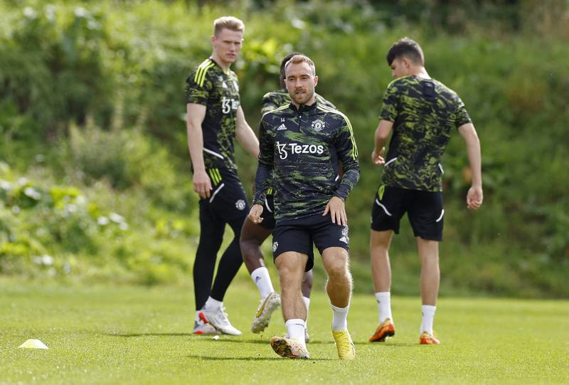 Manchester United's Christian Eriksen and teammates during training. Reuters 