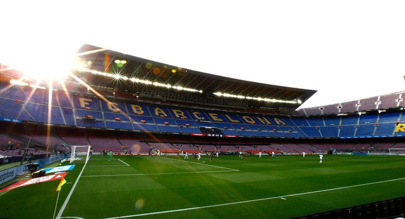 Empty stands at the Camp Nou due to Covid-19 restrictions. AP