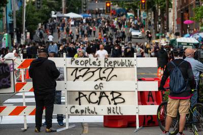 A barricade is seen at an entrance to the so-called "Capitol Hill Autonomous Zone" in Seattle, Washington. Getty Images/AFP
