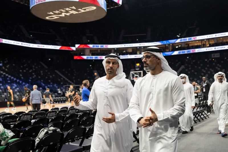 Mr Al Mubarak, left, and Sheikh Khaled at Etihad Arena. 