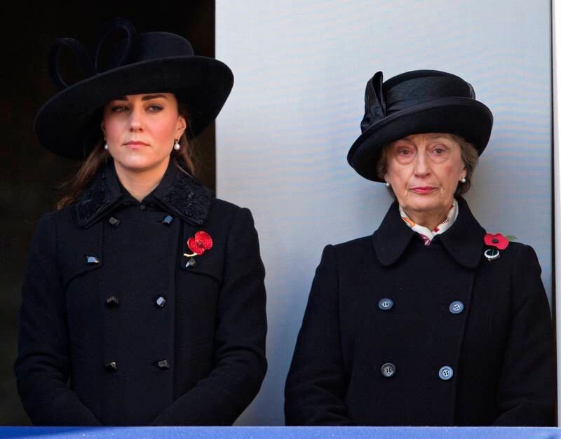 Catherine, Duchess of Cambridge, and Lady Susan attend the Remembrance Sunday Service at the Cenotaph, Whitehall, in 2012. Getty Images