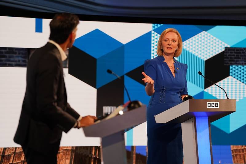 Rishi Sunak and Liz Truss take part in the BBC Leadership debate at Victoria Hall in Hanley in July. Getty Images
