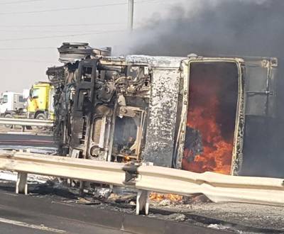 A lorry driver burned to death after his vehicle caught fire on Emirates Road. Courtesy Sharjah Civil Defence