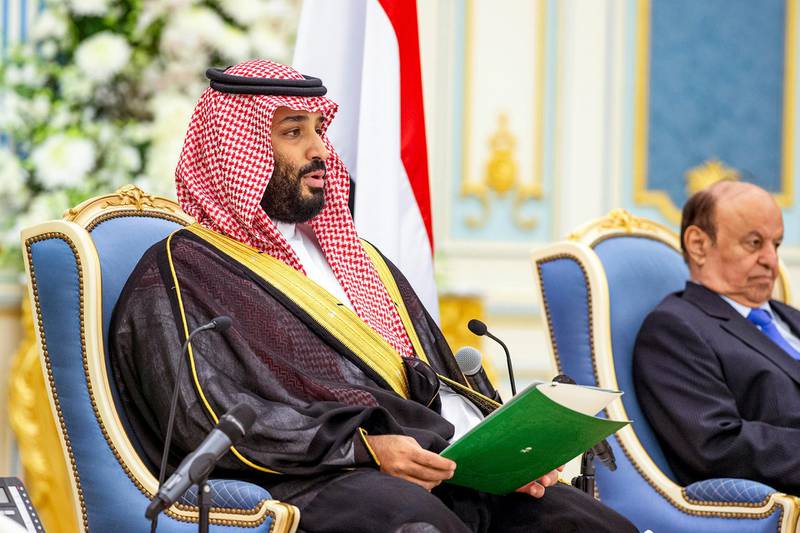 Prince Mohammed bin Salman and Mr Hadi at the ceremony. AFP