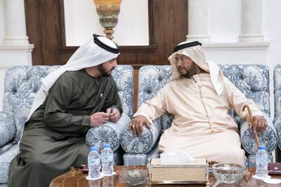 ABU DHABI, UNITED ARAB EMIRATES - January 30, 2018: HH Sheikh Sultan bin Zayed Al Nahyan, UAE President's Representative (R) and HH Sheikh Hamdan bin Zayed Al Nahyan, Ruler’s Representative in Al Dhafra Region (L), receive mourners who are offering condolences on the passing of HH Sheikha Hessa bint Mohamed Al Nahyan, at Mushrif Palace.
( Hamad Al Kaabi / Crown Prince Court - Abu Dhabi )
—