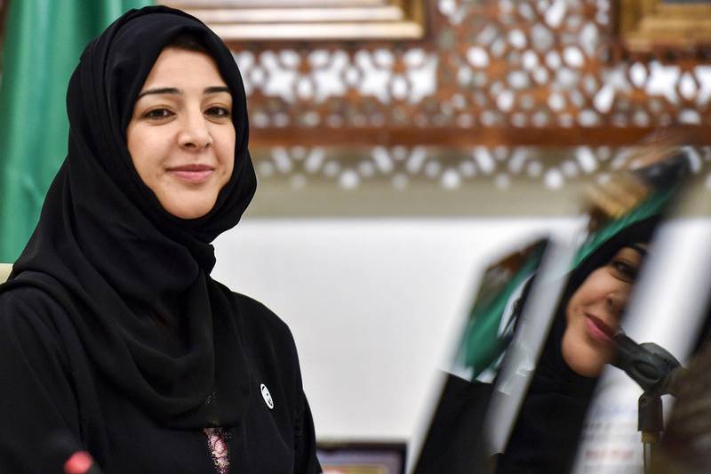 Reem al-Hashimi, UAE Minister of State for International Cooperation, attends Saudi-UAE-OCHA Humanitarian High-level Meeting held at KS releif headquarters in Riyadh, on May 22, 2019. - The meeting followed by signing two agreements with the World Health Organization (WHO) and the United Nations Children's Fund (UNICEF). (Photo by FAYEZ NURELDINE / AFP)