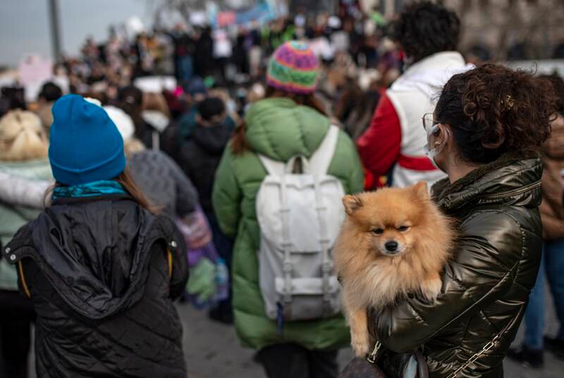 A woman holds her pet dog during the protest. EPA