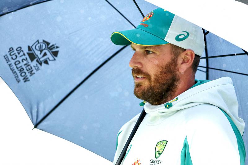 Aaron Finch prior to the T20 World Cup match between Australia and England in Melbourne, which was washed out due to the weather. AFP