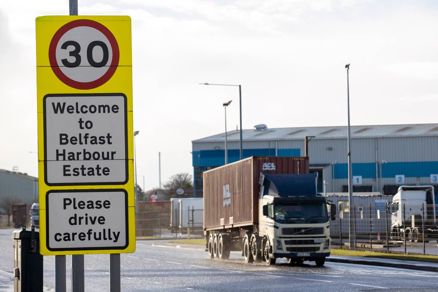 A lorry drives past a sign welcoming drivers to Belfast Harbour Estate in Belfast, Northern Ireland, Britain, 04 February 2022. EPA