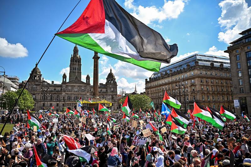 Protestors gather in Glasgow, Scotland, in solidarity with the people of Palestine amid the ongoing conflict in Gaza. Getty Images